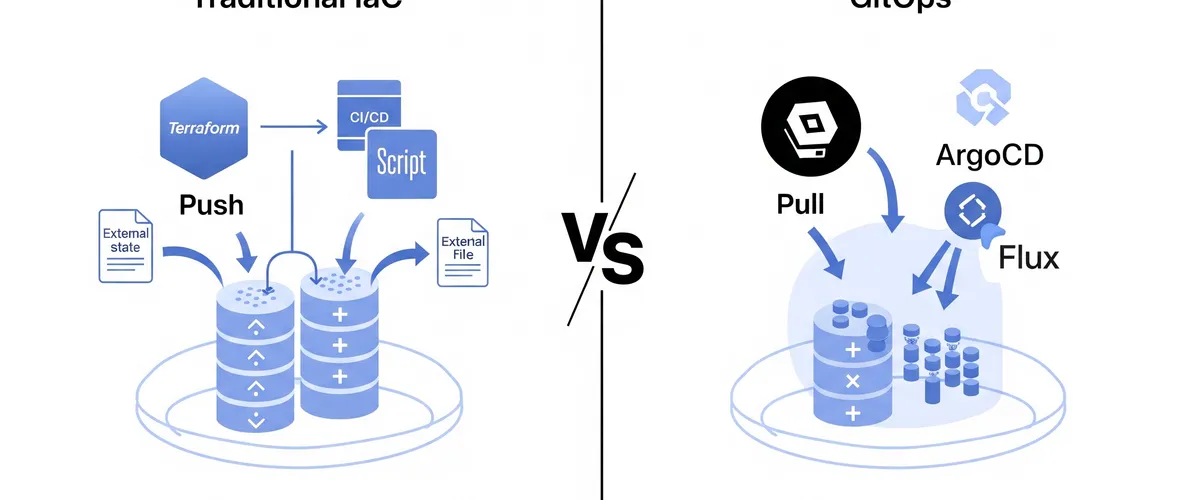 Blog post image for GitOps vs. Traditional IaC for Kubernetes: A Comparative Analysis - Explore GitOps vs. Traditional IaC for Kubernetes. This report compares pull-based GitOps (ArgoCD, Flux) with push-based IaC (Terraform), covering workflows, drift detection, security, and rollbacks. Understand how these approaches manage Kubernetes infrastructure and application configurations for enhanced consistency and reliability.