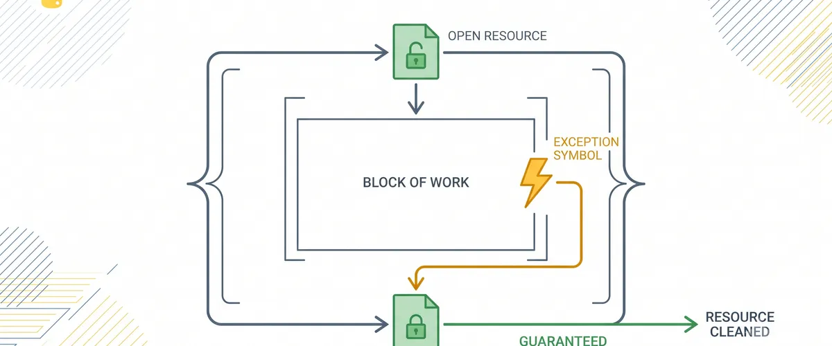 Blog post image for Python Context Managers: Writing Clean Resource Handling with `with` Statements - A Python snippet on writing custom context managers with both the class-based `__enter__`/`__exit__` protocol and the `@contextmanager` decorator. Covers database transactions, file locks, timers, temporary directories, ExitStack for dynamic composition, and the __exit__ return value that silently swallows exceptions.
