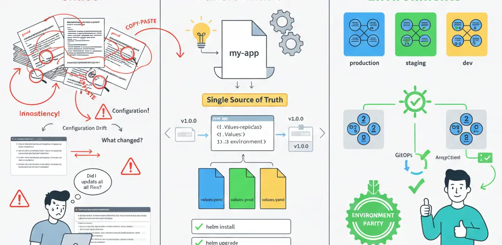Blog post image for Helm Charts: Templating & Multi-Environment Kubernetes Deployments - Master Helm Charts for Kubernetes deployments. Learn templating, values overrides, conditional logic, chart dependencies, and GitOps workflows to manage complex microservices across dev, staging, and production environments.