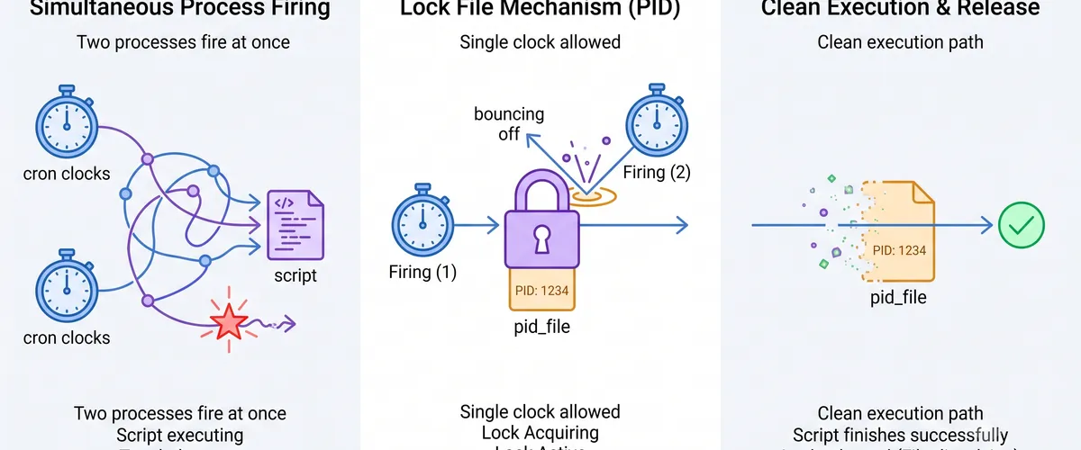 Blog post image for Bash Script Locking: Prevent Concurrent Runs with a PID File - A Bash snippet that uses a PID file so only one instance of a script runs at a time. Essential for cron jobs and automation scripts that must not overlap. Includes stale lock detection and cleanup on exit.