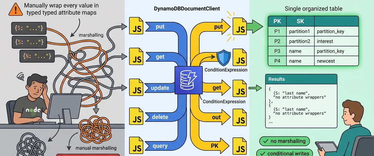 Blog post image for AWS DynamoDB CRUD Operations in Node.js with the AWS SDK v3 - A practical Node.js snippet covering DynamoDB put, get, update, delete, and query operations using the modern AWS SDK v3. Includes the DocumentClient pattern, single-table design basics, and error handling.