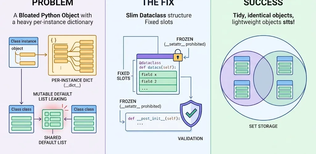 Blog post image for Python Dataclass Patterns: Slots, Frozen Instances, and Field Validation - A Python snippet exploring advanced dataclass patterns for production code. Covers `__slots__` with dataclasses, frozen immutable instances, `__post_init__` validation, field factories, and comparison with Pydantic for data modeling.