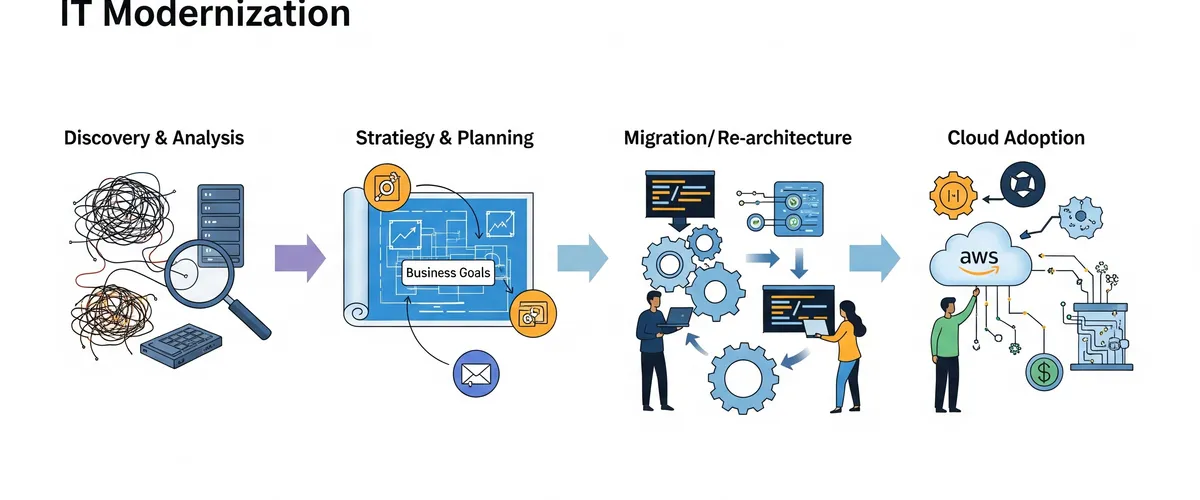 Blog post image for Phases of the Modernization Process - Discover the key phases of the modernization process. Learn how to align with business goals, understand dependencies, involve customers, and future-proof your IT infrastructure.