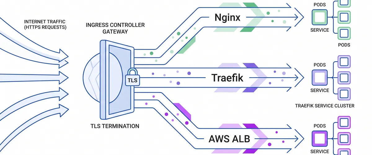 Blog post image for Kubernetes Ingress Controllers Explained: Nginx, Traefik, and AWS ALB Compared - A practical comparison of the most widely used Kubernetes Ingress controllers. You will learn how Nginx, Traefik, and the AWS Load Balancer Controller handle routing, TLS, and more, plus how to pick the right one for your setup.