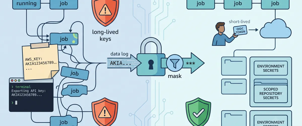 Blog post image for GitHub Actions Secrets and Environment Variables: Handle Config the Right Way - Stop leaking credentials in your workflows. This dev tip shows how to scope GitHub Actions secrets, swap long-lived keys for OIDC, mask sensitive output, and pass config between jobs without it ending up in your logs.