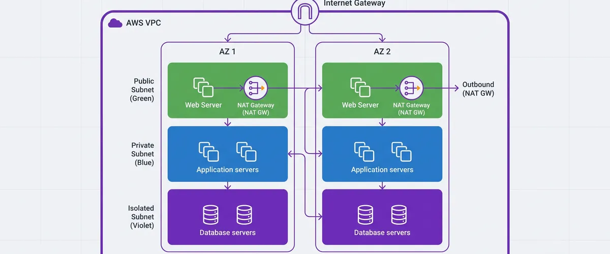 Blog post image for AWS VPC Design Best Practices: Subnets, Route Tables, and Security Groups - How to lay out an AWS VPC so it survives growth: CIDR planning that leaves room, three subnet tiers, one NAT Gateway per AZ, route tables that define what public actually means, security groups referencing each other instead of CIDRs, and the mistakes that cause production outages.