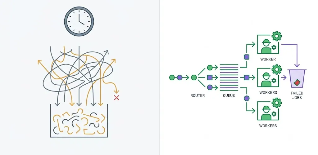 Blog post image for Replacing Cron Chaos with an Event-Driven Pipeline - Forty-one overnight cron jobs with no retries, no ownership and no visibility, moved onto EventBridge, SQS and Step Functions with dead-letter queues and idempotent consumers.