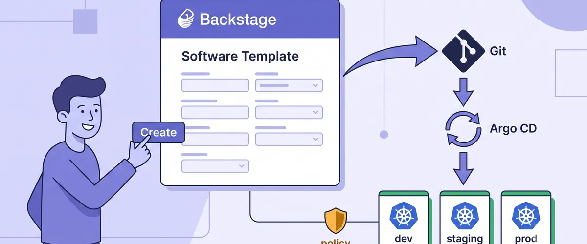 Blog post image for Building an Internal Developer Platform on Backstage and GitOps - How golden paths in Backstage, self-service software templates, and Argo CD let product teams create, build, and ship services without filing tickets to the platform team.