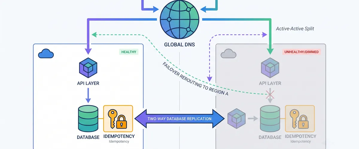 Blog post image for Multi-Region Active-Active for a Payments API - How a money-movement API was taken active-active across two AWS regions with idempotency keys, conflict-free replication, and a tested RTO and RPO, so a full regional outage never double-charges a customer or loses a committed payment.