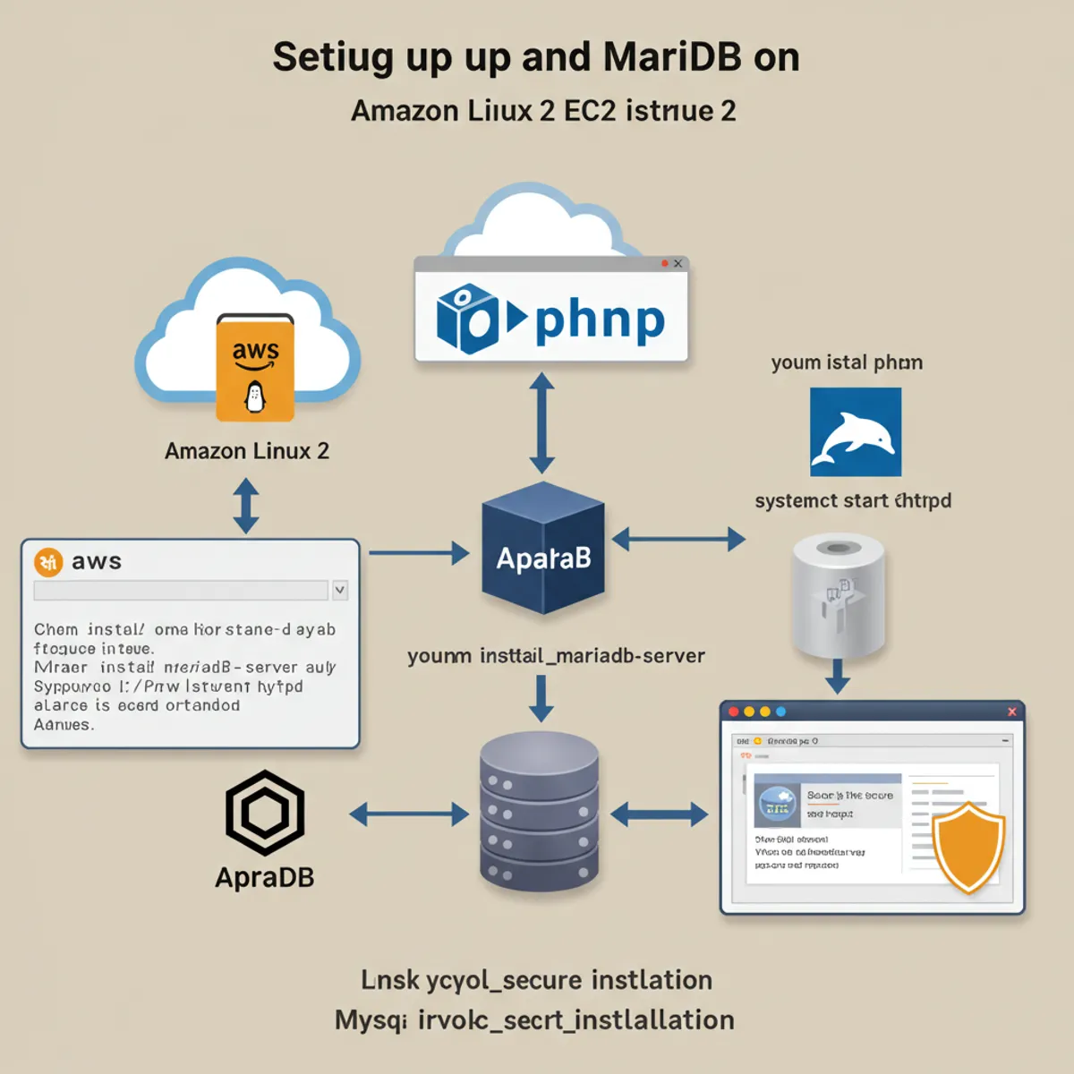 Blog post image for How to Install PHP and MariaDB on Amazon Linux 2 - We will learn how to set up PHP and MariaDB on Amazon Linux 2 in this tutorial. We will also discover how to set up PHP so that it functions with the Apache web server. We will also discover how to set up MariaDB so that it functions with PHP.